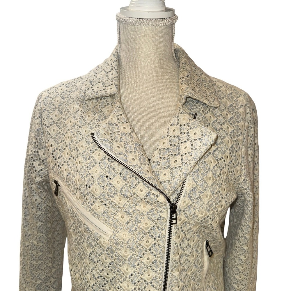 Dolan Moto Jacket Womens Medium Cream Blue Eyelet Lace Cotton Biker Zip - Picture 5 of 12